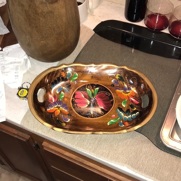 Mexican Batea Decorative Tray Console Wood Tray Hand Painted In Mexico 2 Handles - Picture 6 of 11